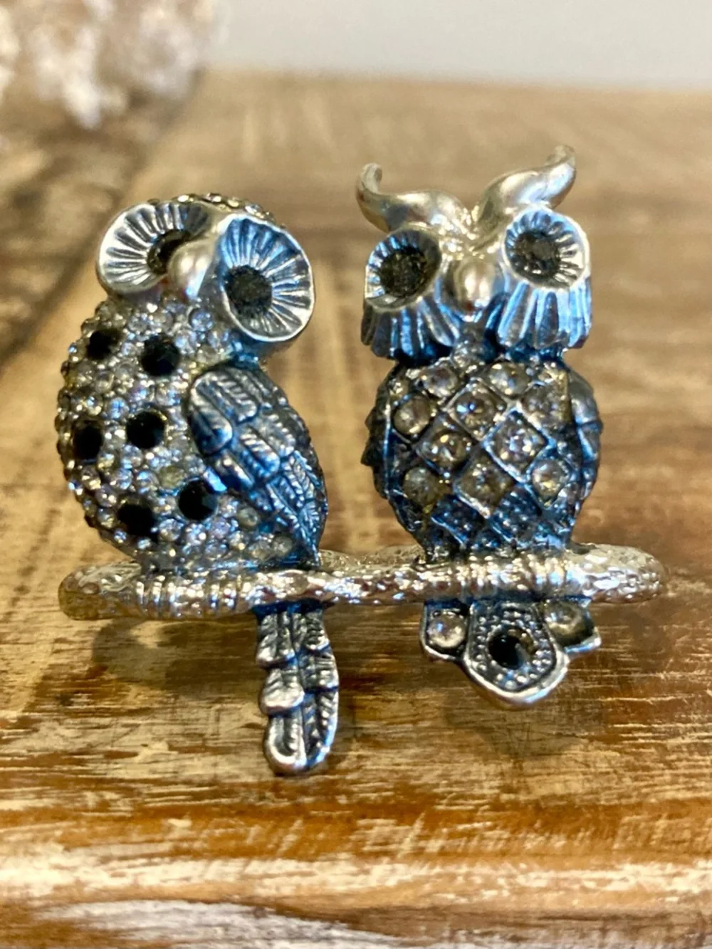 Double Owl Ring with Black Accents Silver Tone